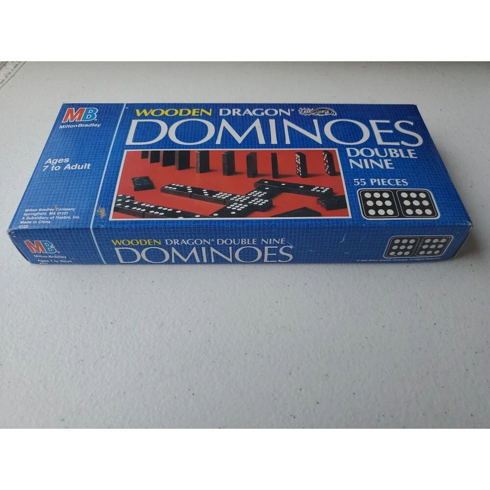 DOMINOES, WOODEN DRAGON, Double Nine, 55 Pieces, Milton Bradley MB 1983 Complete